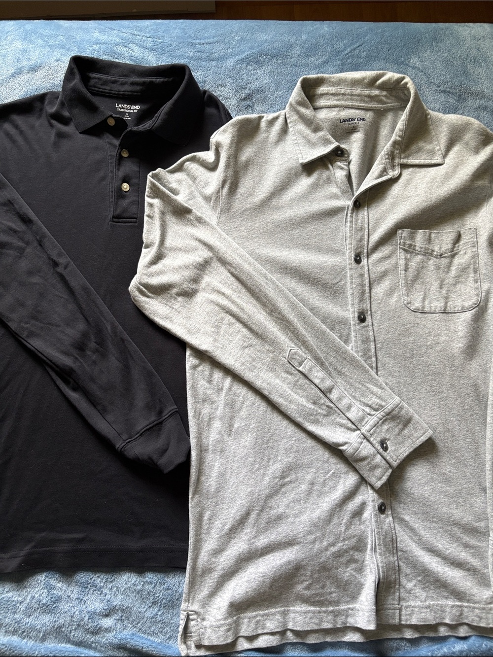Lands' End Men's Black Long-Sleeve Polo & Light Gray Button Shirt Set